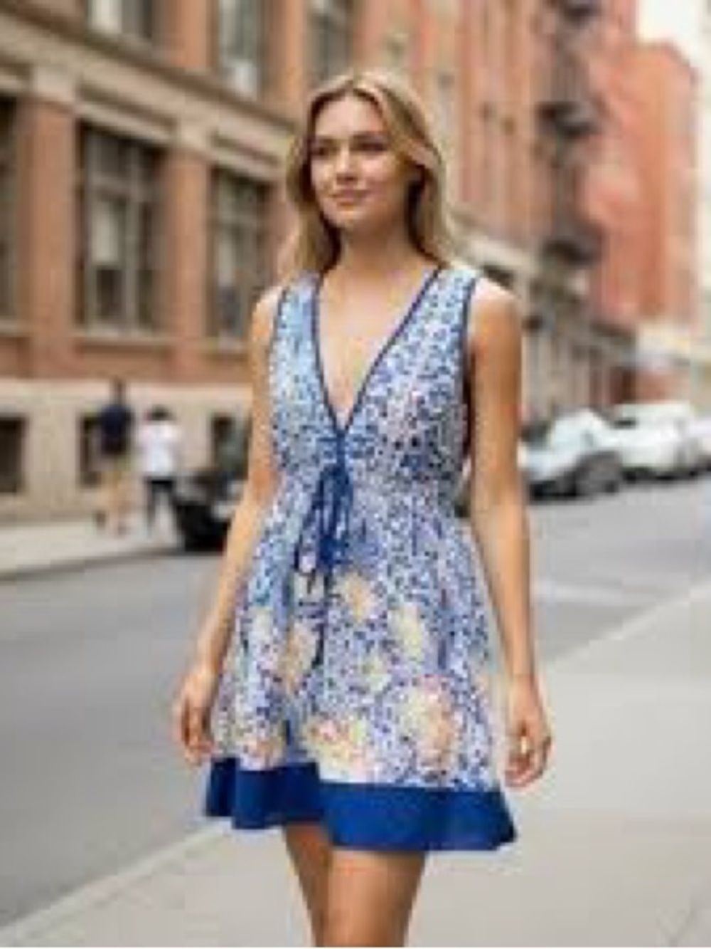 Umgee Blue and White Lace Floral Print Sleeveless Dress